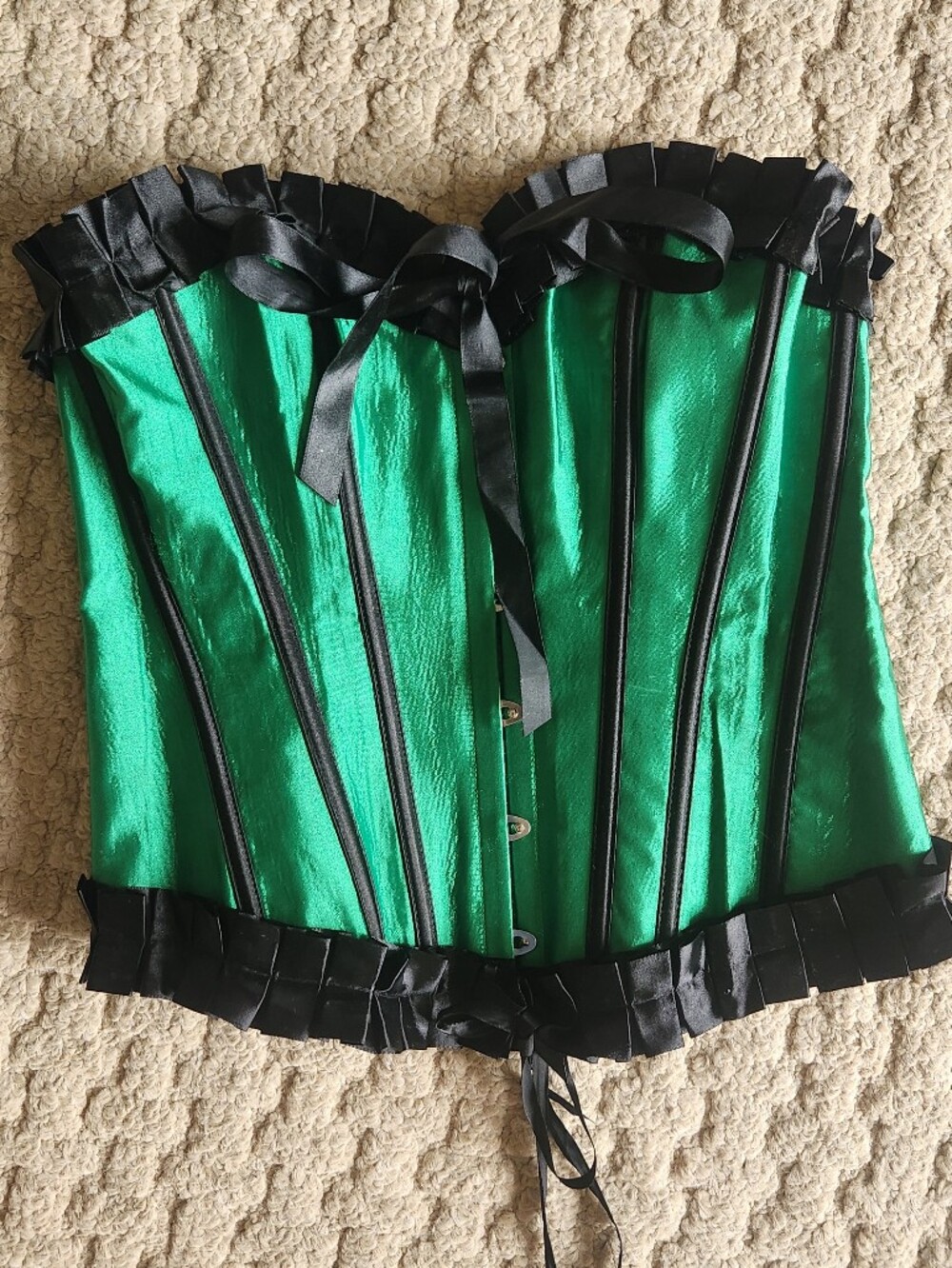 Green Satin Corset with Black Trim